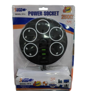 موزع كهربائي بقوة 2500 وات بطول 3 ممتر 5 فتحات 220 , 2USB , 1USB-C , اسود