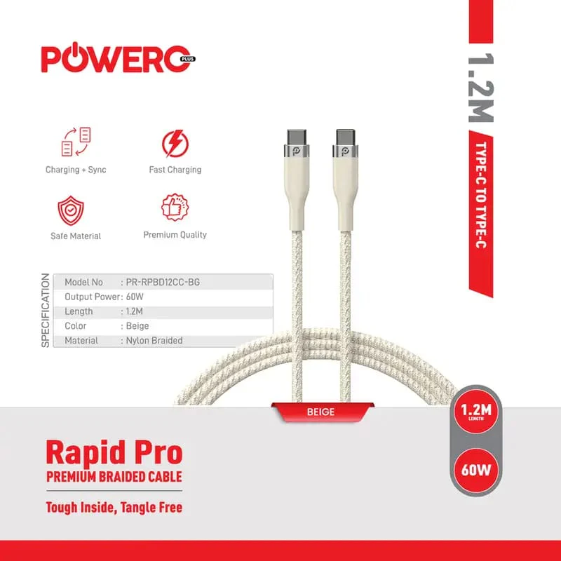 كابل PowerO+ Rapid Pro Premium المضفر USB-C إلى USB-C بقوة 60 وات