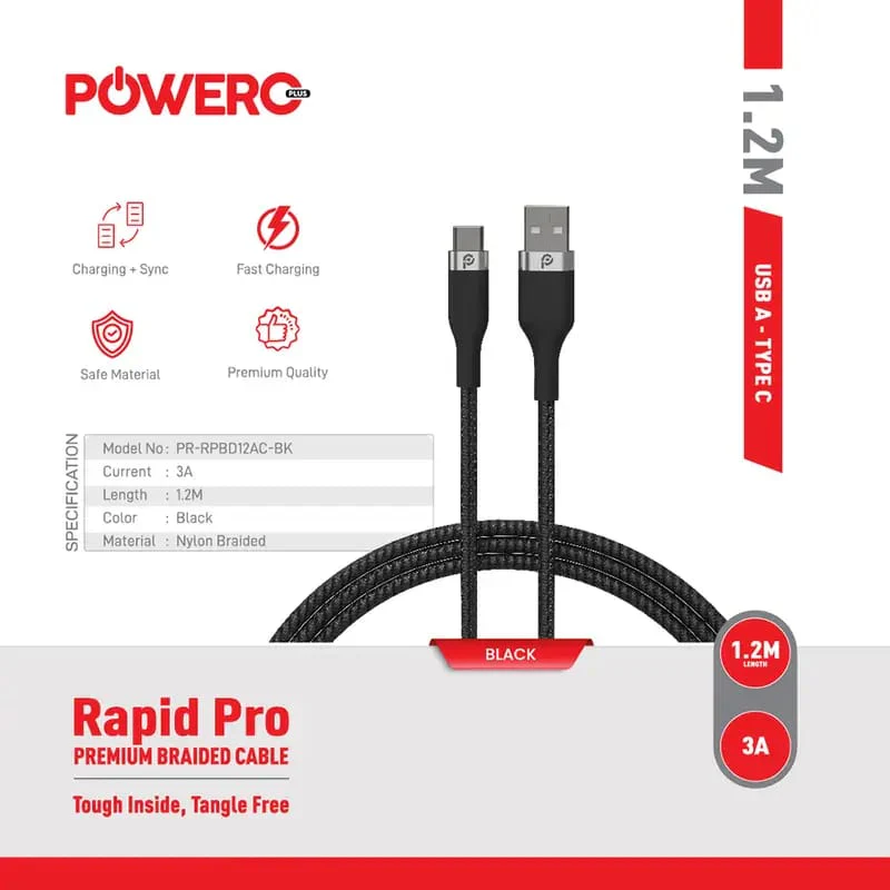 كابل PowerO+ Rapid Pro Premium Braided من USB A إلى TYPE C
