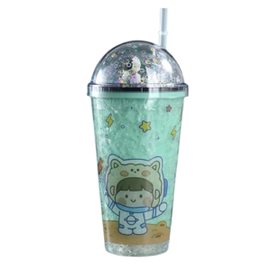 بوتل فاشون , زجاجة مياه لرائد الفضاء بطبقتين مع كوب ثلج للشرب مع ماصة , اخضر