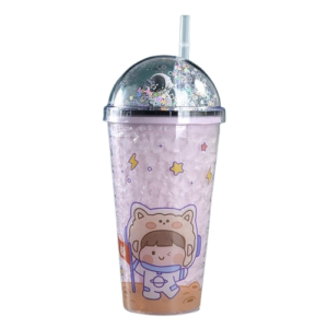 بوتل فاشون , زجاجة مياه لرائد الفضاء بطبقتين مع كوب ثلج للشرب مع ماصة , وردى